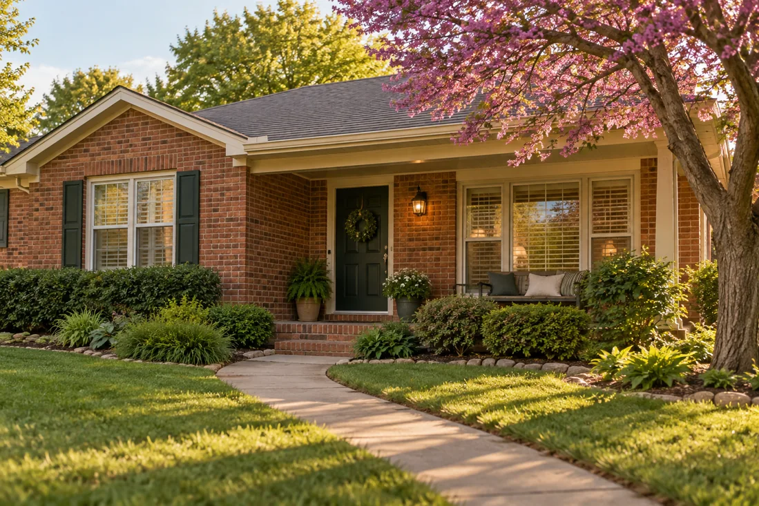 A welcoming brick home framed by a flowering redbud tree